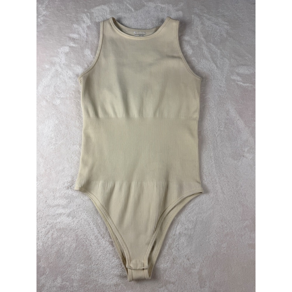 OQQ Ribbed Sleeveless Bodysuit Womens XS Cream Minimalist Clean Girl Seamless